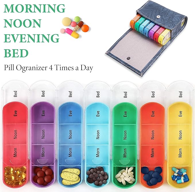 Pill Organizer,LIZIMANDU Weekly Travel Pill Case Box Medication Reminder Daily AM PM, Day Night 7 Compartments,for 4 Times A Day, 7 Days a Week-Includes Leather PU Carrying Case(1-Carved Blue3)