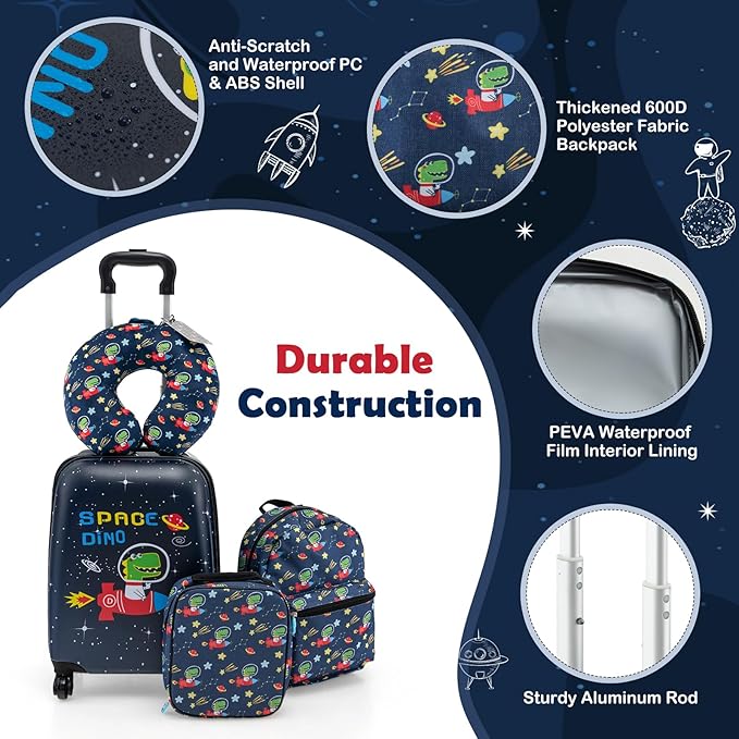 Goplus 5 Piece Kid’s Luggage Set, 16” Carry on Suitcase w/13” Backpack, Neck Pillow, Hardside Spinner Toddler Luggage, Travel Rolling Suitcase for Boys Girls Gifts (Navy, Space Dino)