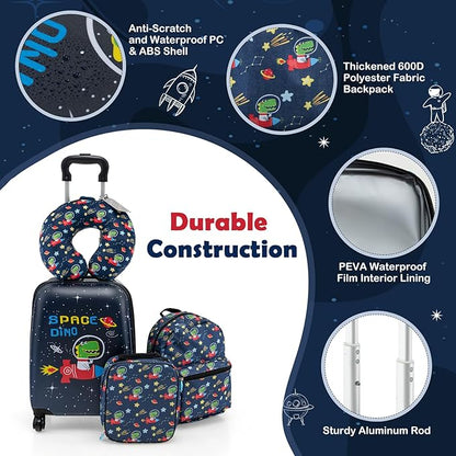 Goplus 5 Piece Kid’s Luggage Set, 16” Carry on Suitcase w/13” Backpack, Neck Pillow, Hardside Spinner Toddler Luggage, Travel Rolling Suitcase for Boys Girls Gifts (Navy, Space Dino)