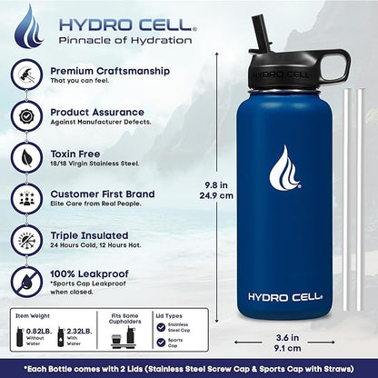 HYDRO CELL Stainless Steel Insulated Water Bottle with Straw - For Cold & Hot Drinks - Metal Vacuum Flask with Screw Cap and Modern Leakproof Sport Thermos for Adults (Navy 32oz)