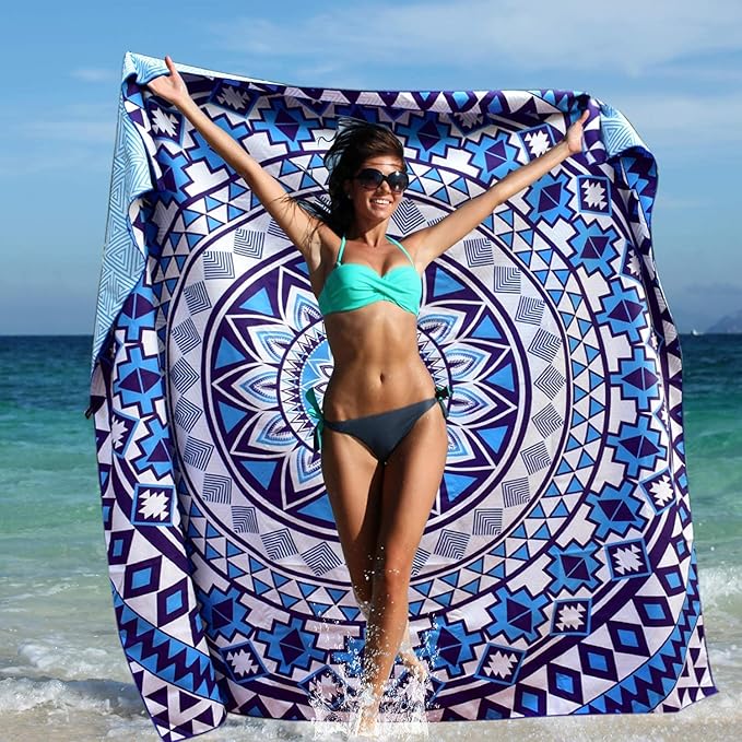 Elite Trend Microfiber Beach Towel for Adults with Bag - XXL 72x72 inch Lightweight Sand Free Quick Dry Towel for Travel, Swimming, Yoga, Camping (Blue Beauty)