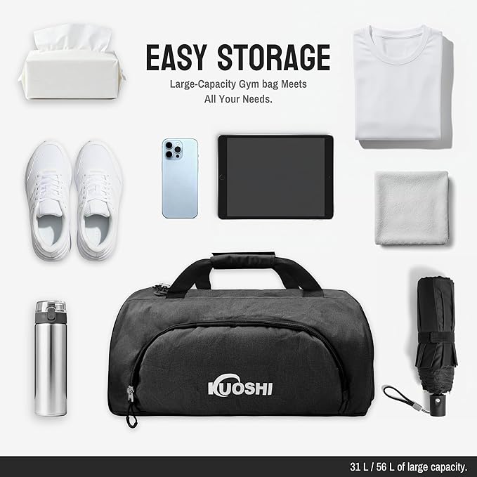 Gym Bag for Men & Women with Shoe Compartment & Wet Pocket, 31L Water Resistant Sports Duffle Bag with Quick-Access Pouch,Multi-Purpose Weekender Overnight Bag