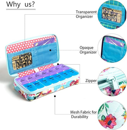 Weekly Pill Organizer 2 Times a Day, Zumd Pill Box 7 Day with Cute Quilted Fabric Zipper Case, Travel Pill Case Am Pm for Vitamin Medicine Organizer