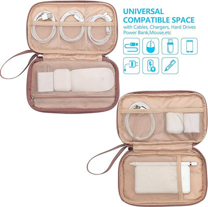 NISHEL Travel Cord Organizer Case, Double Layers Tech Electronic Case, Travel Essentials for Charger, Cable, Phone, Flash drive, Medium, Rose-wood Pink