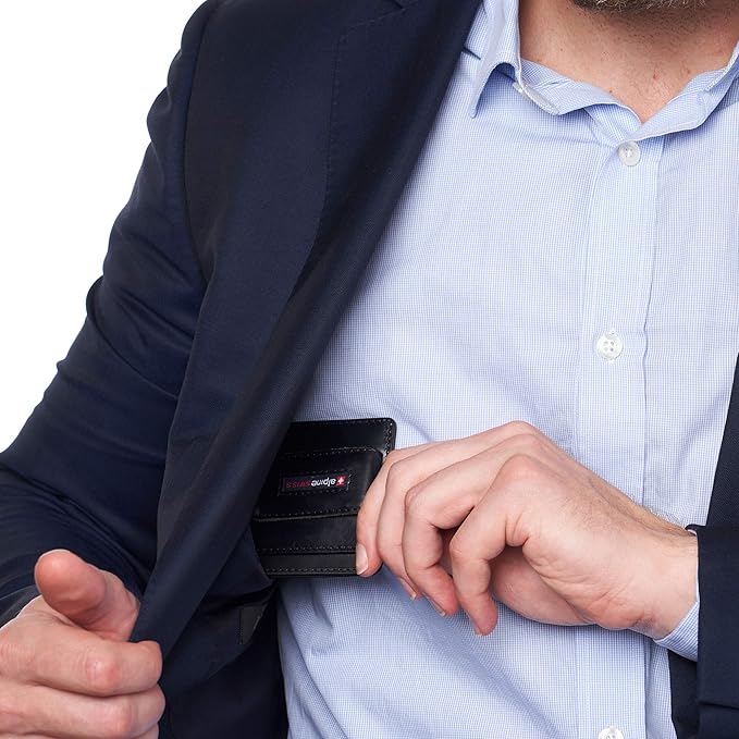 Alpine Swiss RFID Dermot Money Clip Front Pocket Wallet For Men Leather Hampton Collection Glossy Nappa Black