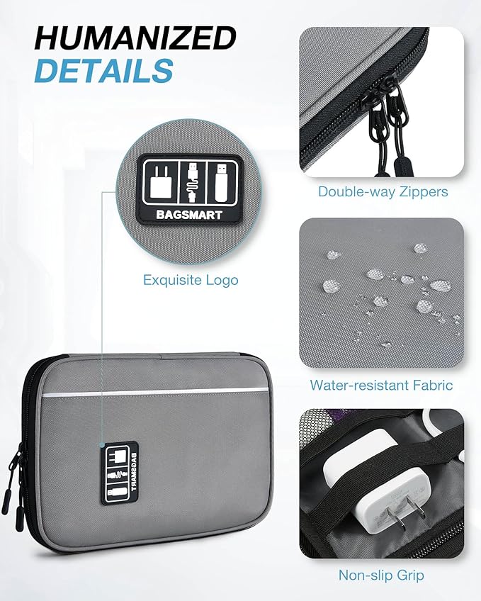 BAGSMART Large Electronics Travel Organizer Case, Tech Accessories Cord Storage Bag for Phone, Power Bank, SD Card, Cables, Grey