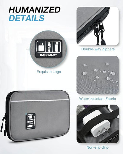 BAGSMART Large Electronics Travel Organizer Case, Tech Accessories Cord Storage Bag for Phone, Power Bank, SD Card, Cables, Grey