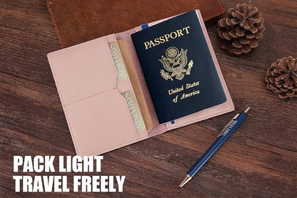 STAR VISTA Albatross Leather Travel Passport Holder, Minimalist Design, Calfskin Leather Case for Women and Men - Slim Passport Wallet, Bifold, RFID Blocking, with AirTag Holder, Pale Pink