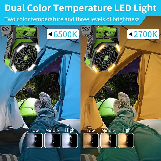 20000mAh Battery Powered Fan Rechargeable,Rechargeable Fans Portable Camping Fan with LED Lantren,270°Rotation Battery Operated,USB Camping Lantern for Tents Travel X26 Grass-green