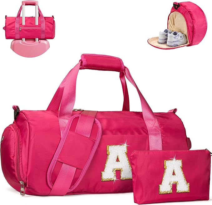 Christmas Stocking-Birthday Gift for 8 Year Old Girl, Girls Travel Duffel Bag, Kids Overnight Bags with Shoe Compartment, Sport Gym Weekender Bag with Makeup Pouch, Trendy Stuff (Letter A)