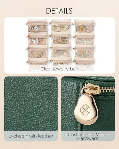 Vlando Jewelry Case with 12 Velvet Jewelry Bags Travel Jewelry Organzier for Travelers Necklace Rings Earrings Jewelry Bags Christmas Birthday Wedding Valentines Day Gifts (Green)