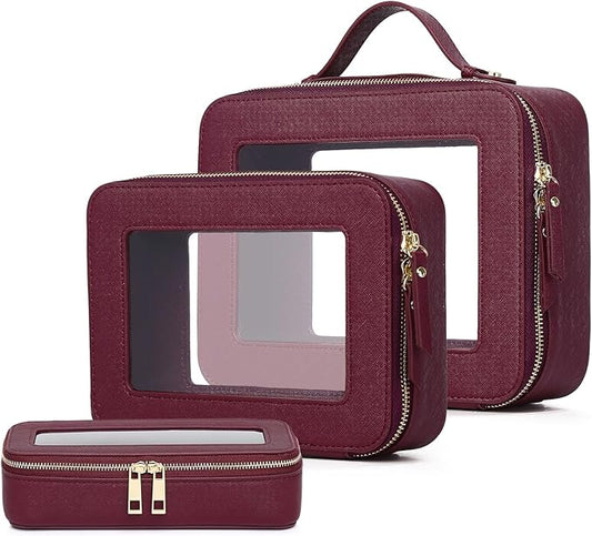 Pinkmik Clear Makeup Bag with Brush Bag 3pcs Waterproof Travel Case for Cosmetics and Toiletries Women's Makeup Organizer with Zipper (X/Burgundy, L+M+SLIM)