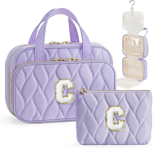 YOOLIFE Teen Girl Gifts Trendy Stuff - Birthday Gifts for 7 8 9 10 11 12 13 14 15 16 17 18 Year Old Teen Girls, Hanging Toiletry Bag Initial Makeup Bag Purple - C