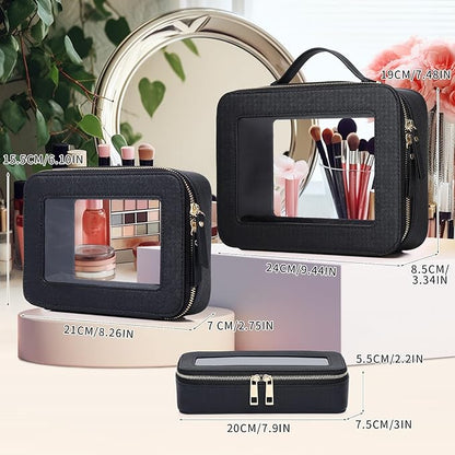 Pinkmik Clear Makeup Bag with Brush Bag 3pcs Waterproof Travel Case for Cosmetics and Toiletries Women's Makeup Organizer with Zipper (Black, L+M+SLIM)