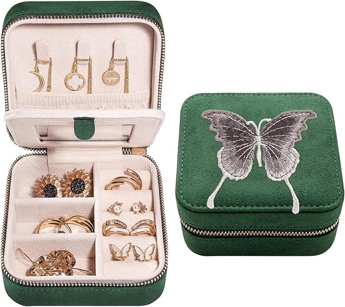 S.Leaf Travel Jewelry Organizer Boxes for Women Small Portable Necklace Earrings Bracelet Rings Travel Case Best Friend Birthday Gifts for Women Trendy (Butterfly_Green_Gray)