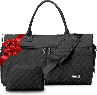 STOVER Women’s Convertible Garment Duffel Bag for Travel – 2-in-1 Carry-On Weekender/Overnight Tote - Wrinkle-Free Dresses, Hanging Suits & Clothes Plus Shoe Compartment & Bonus Toiletry Bag (Black)