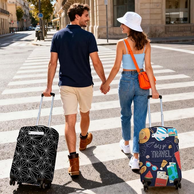 Black Polygonal Travel Luggage Cover, Travel-Themed Suitcase Protector Stretchable, Washable Travel Suitcase Cover (M for 22-24 Inch Luggage)