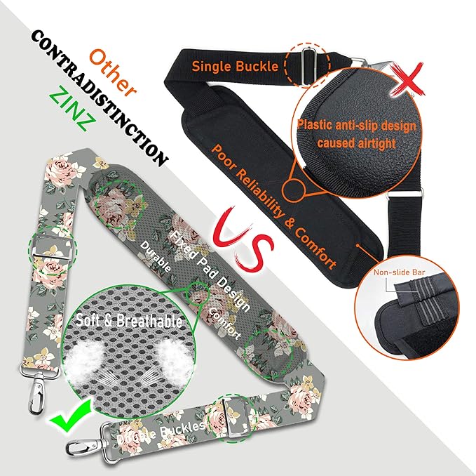 Shoulder Strap, ZINZ 57" Padded Adjustable Shoulder Bag Straps Replacement for Bags with D-Ring (DR02O01)