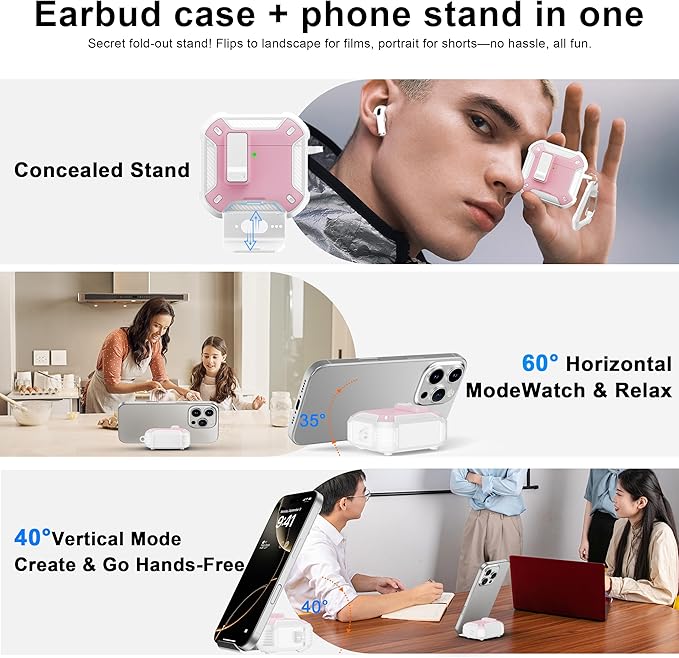 RFUNGUANGO Compatible AirPods 4th Generation Protective Case with Phone Holder and Compatible Back Magnetic Suction Function, Suitable for AirPods 4th Case-White + Pink