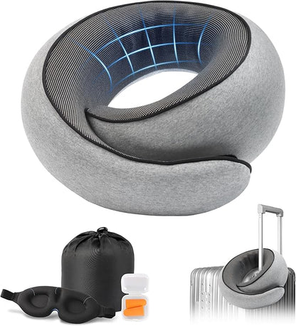 Advanced Memory Foam Neck Travel Pillow, Neck Pillow Airplane with Eye Mask & Ear Plugs, Designed for The Comfort of Travel & Office, Travel Pillow for Plane, Car, Home, Work, Grey