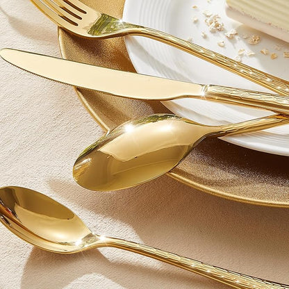 KINGSTONE Gold Hammered Silverware Set, Flatware Set with Serving Utensils, 18/10 Stainless Steel Premium Cutlery with Unique Ripple Handles Design Mirror Polished - Dishwasher Safe (65-Piece)