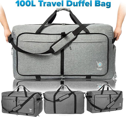 Bago Large Foldable Duffel Bags for Traveling Women & Men - 100L Packable Duffle Bag for Travel with Shoe Compartment - Water Repellant, Heavy Duty, Lightweight Folding & Collapsible (SnowGray)
