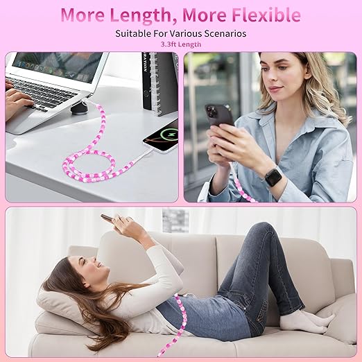 SAMONPOW for iPhone 17 16 Pro Charger Cord 4 in 1 USB C Charger Cable 3FT Jade Beaded Multi Charger Cord 60W USB Fast Charging Cable for iPhone 15 14 13 12 MacBook iPad, for Samsung Galaxy S25 S24