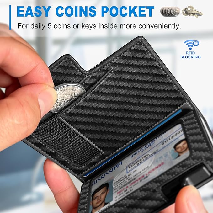 Men Wallet,with Money Clip Coins Pocket ID Window,Slim Front Pocket RFID Blocking Pop-up Card Holder 3.9"x 2.7", Gift Boxed