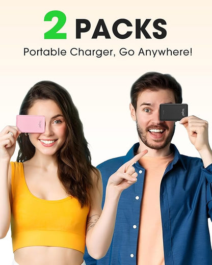TG90° 2 Pack 5000mAh Portable Charger,Mini Power Bank Built-in Foldable AC Plug and Cables,Pocket Size USB C External Battery Pack Compatible with iPhone 17 16 15 14 Samsung Google iPad,Black & Pink