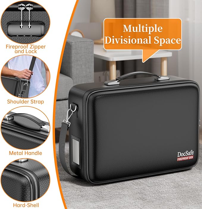 DocSafe Fireproof Document Box with Lock＆Shoulder Strap, Hard-Shell Case File Organizer with Accordion File Folder, Multi-Layer Portable Home Office Travel Safe Storage for Important Documents Laptop