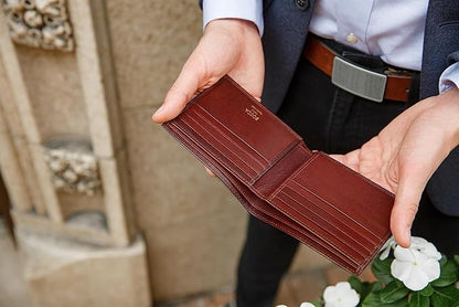 Bosca Men's Old Italian Leather Wallet RFID Blocking Modern Bifold Executive Design 8 Card Slots, Made in Italy - Dark Brown