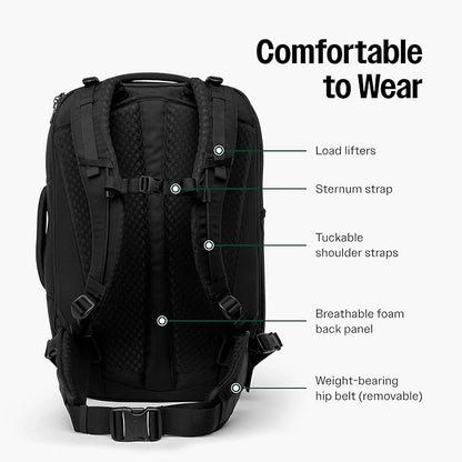 Tortuga 40L Travel Backpack Lite, Black - Large Carry-On Travel Backpack for Men and Women - Durable, Comfortable, Easy to Pack, Airline-Approved Bag with Laptop Compartment