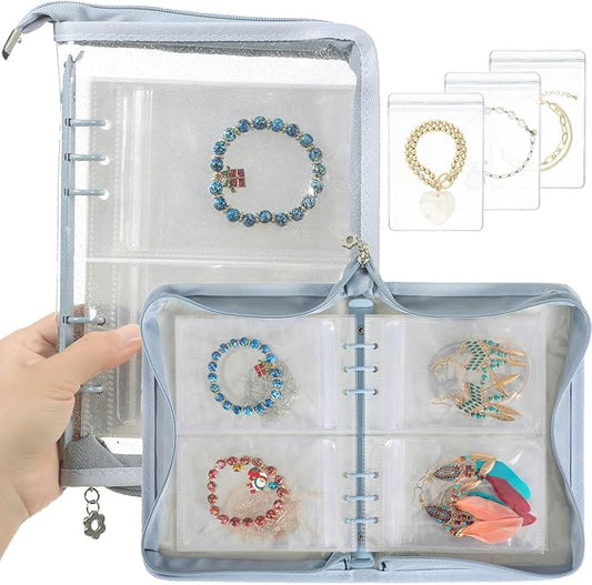 AOLEIXIYA Jewelry Organizer Book Clear Travel earring book organizer Transparent Jewelry Book with Zipper Pouch Bags (Light blue,With 48 PCS Large Jewelry Bags)