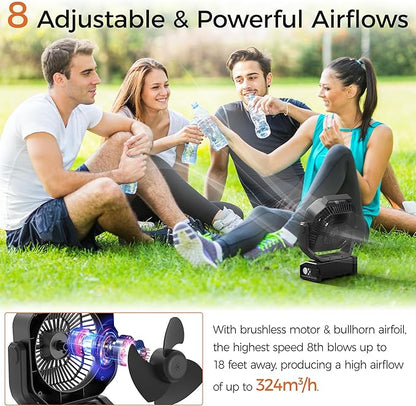 Camping Fan with Light - 20000mAh Rechargeable Battery Fan, 112Hrs Max Run Time, 8 Speeds, Digital Display, Timer, Auto Oscillation, 270° Pivot & Hook for Camping, Power Outage, Hurricane (Black)