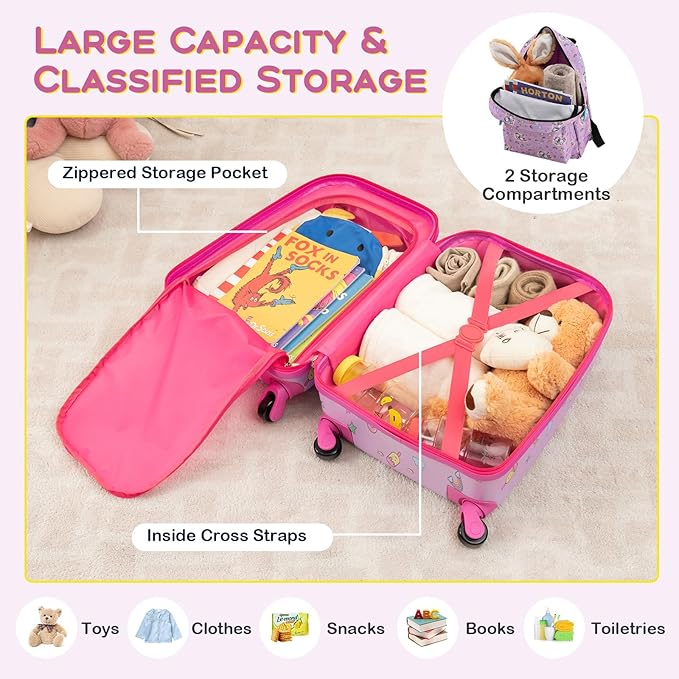 BABY JOY Kids Luggage, 5 Pieces Luggage Set w/ 16" Carry-on Hardshell Spinner Toddler Suitcase, 13" Backpack, Neck Pillow & Insulated Lunch Bag, Travel Kids Rolling Suitcase for Girls (Pink Pony)