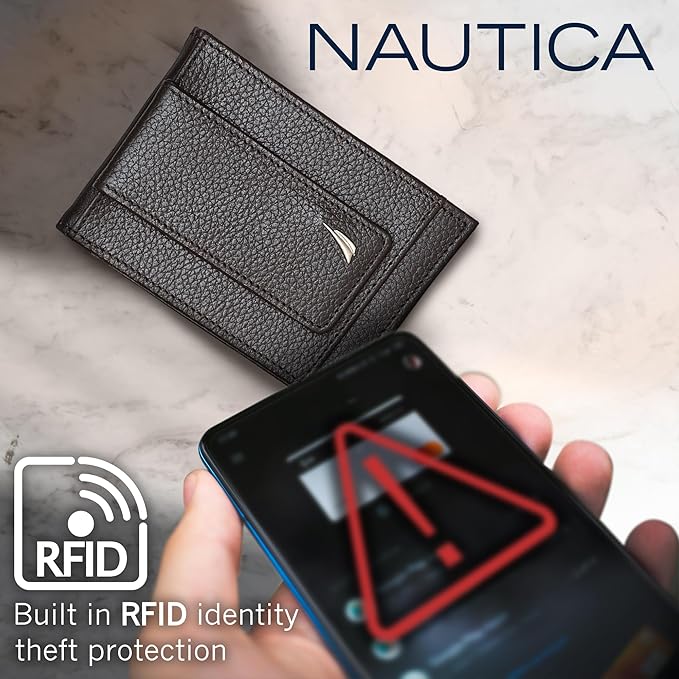Nautica Men's Slim Wallet | Card Case | RFID Blocking | ID Window | Minimalist | Lightweight | Genuine Leather