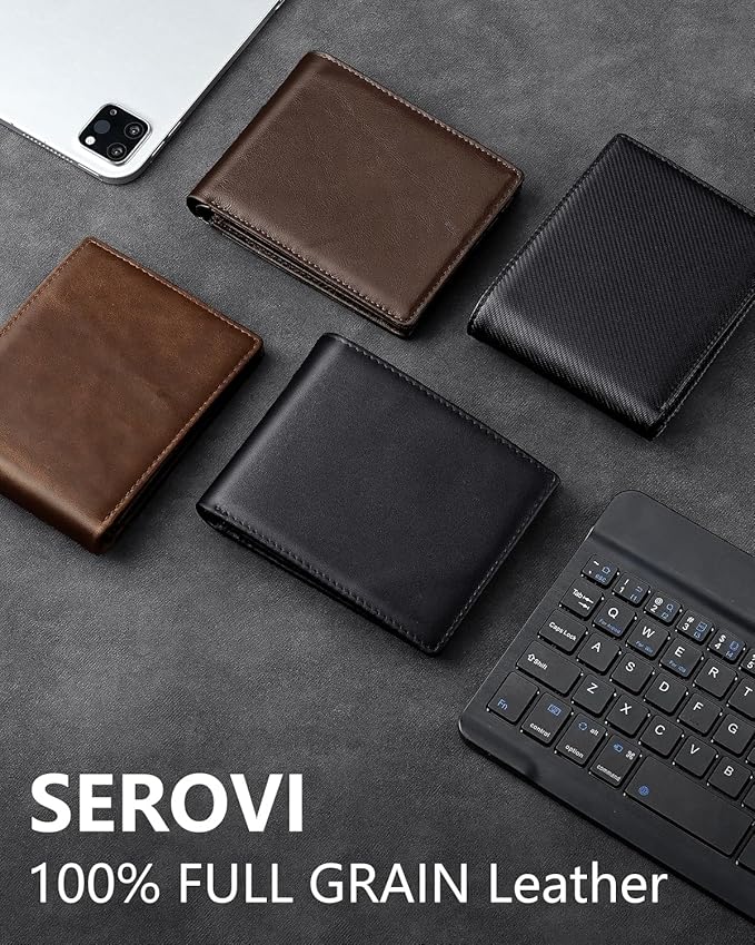 Mens Genuine Leather Bifold RFID Blocking Wallet with 14 Card Slots, ID Window & 2 Cash Pocket - Includes Gift Box (Modern Black)