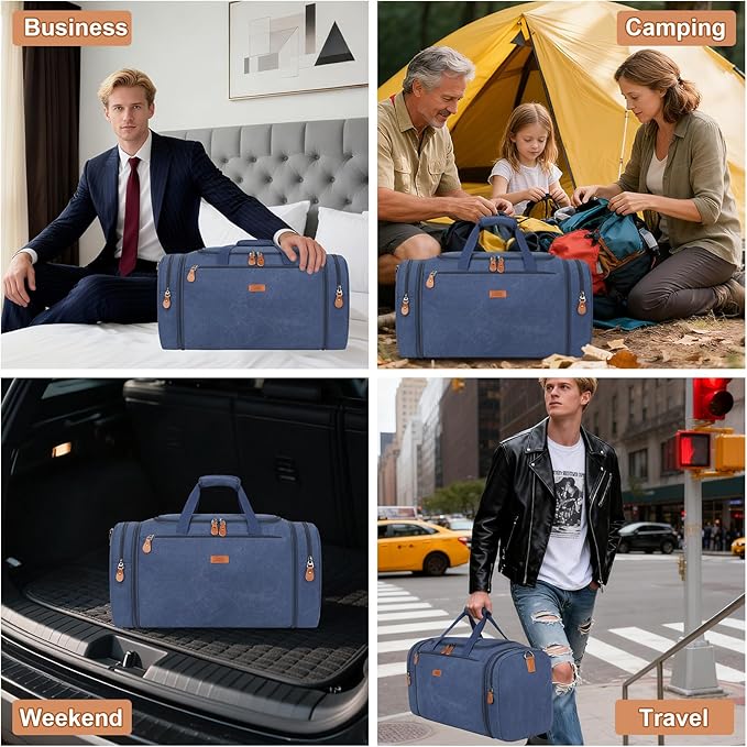 Canvas Mens Duffle Bag for Travel - Expandable 50L Weekender Bags with Toiletry Bag, Overnight Bag Travel Duffel Carry On Luggage with Removable Shoulder Strap, Durable & Water-Resistant