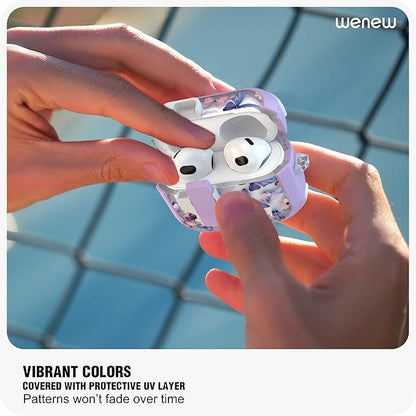 WENEW Case for AirPods 3 Case Cover Secure Lock Automatic Snap Switch Clip Cleaner Kit Lanyard Women Stylish Flower Armour Hard Shell Full Body Front LED Visible (Purple Butterfly, AirPods 3rd)