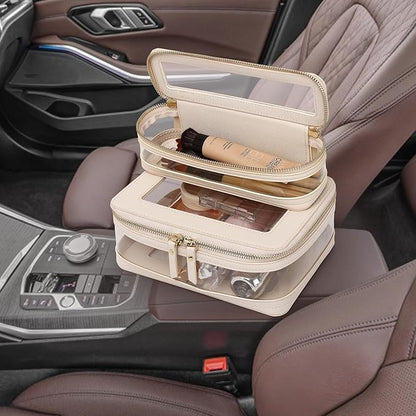 Pinkmik Clear Makeup Bag with Brush Case Travel Toiletry Bag Waterproof Cosmetic Organizer Car Essentials for Women (Beige, M+SLIM-1)