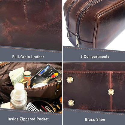 RUSTIC TOWN Leather Toiletry Bag for Men - Travel Shaving Ditty Kit - Bathroom Shower Toiletries Organizer - Leather Cosmetic Bag for Women (Walnut Brown)