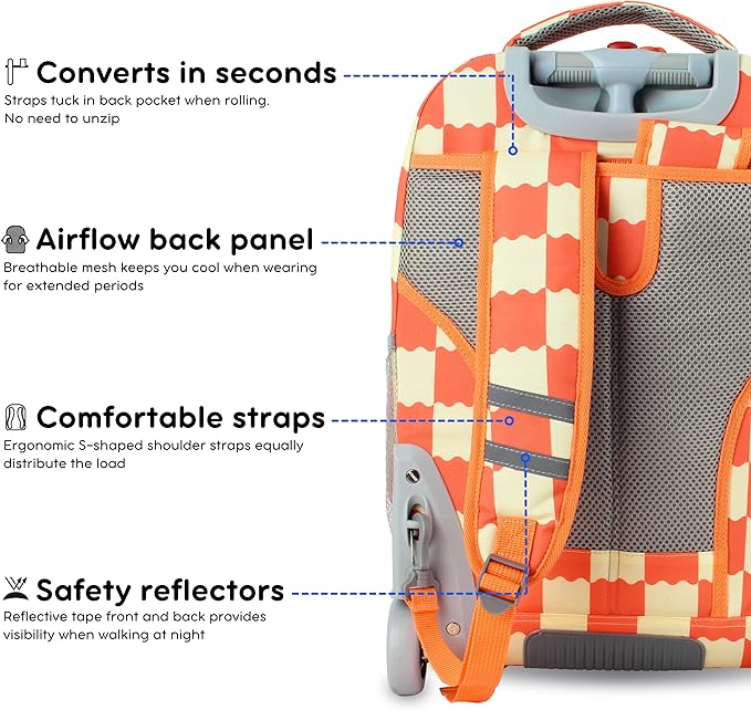 J World Sundance Laptop Rolling Backpack for Girls Boys. Roller Bookbag with Wheels, Wiggle Coral