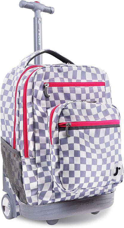 J World Sundance Laptop Rolling Backpack for Girls Boys. Roller Bookbag with Wheels, Lavender Checkers