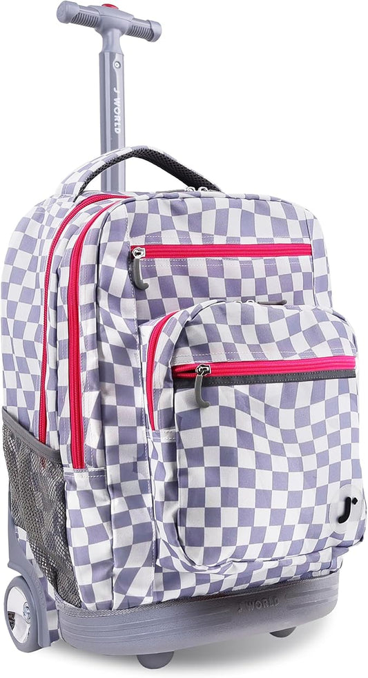 J World Sundance Laptop Rolling Backpack for Girls Boys. Roller Bookbag with Wheels, Lavender Checkers