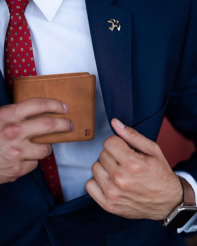 SERMAN BRANDS 2 ID Window Wallet for Men RFID Blocking Leather, Bifold Top Flip, Extra Capacity Travel Wallet