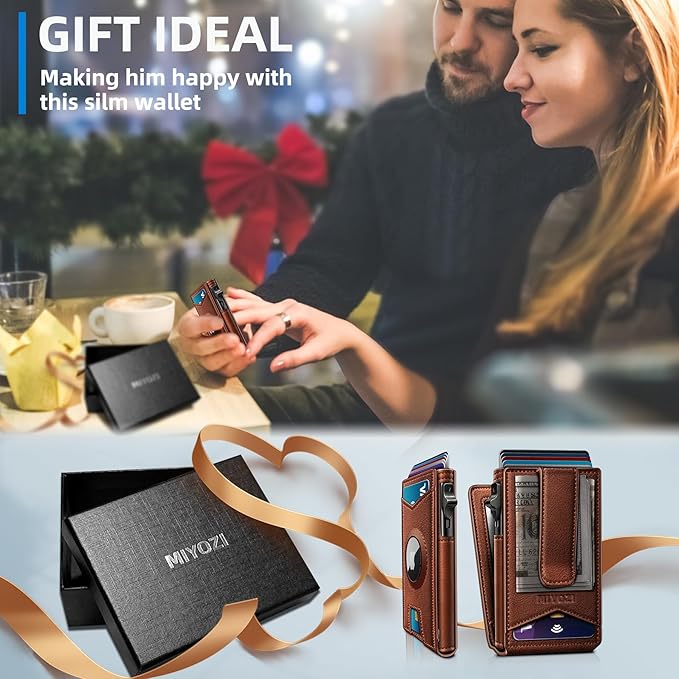 Airtag Wallet for Men,with Money Clip Gift Boxed,Slim Front Pocket Wallet RFID Blocking Metal Case Smart Pop-up Credit Card Holder in Magnetic Leather Flip