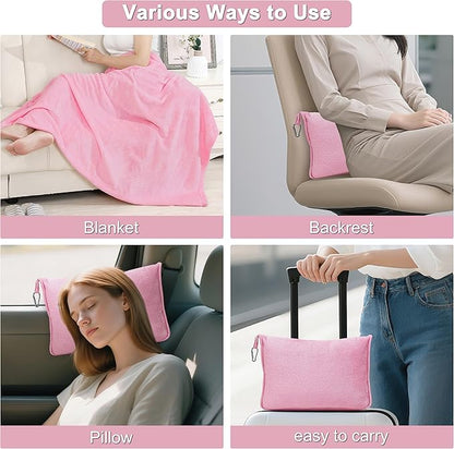 2-in-1 Convertible Travel Blanket & Pillow-Ultra Soft, Compact & Packable with Hand Luggage Sleeve and Backpack Clip for Flight & Car,Pink