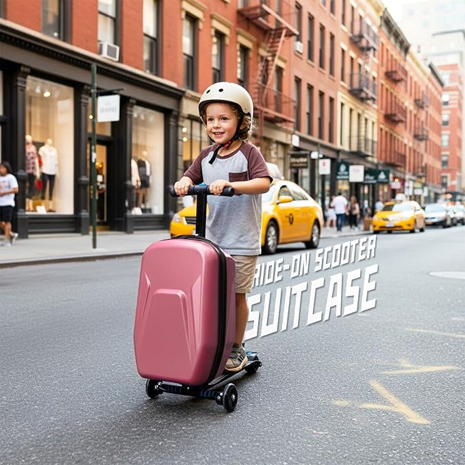 20" Hardshell Scooter Suitcase for Kid & Adult Foldable 2 in 1 Ride on Carry on Travel Trolley Scooter Luggage With Wheels