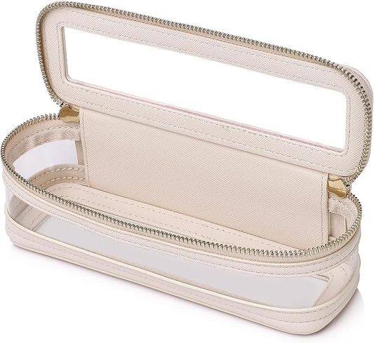 Pinkmik Makeup Brush Case Clear Travel Cosmetic & Toiletry Bag Slim Makeup Bag with Zipper Small Purse Organizer Car Essential Bag for Women (Beige, SLIM-1)