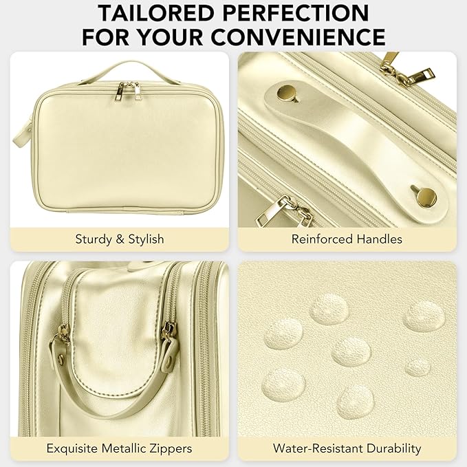 Travel Makeup Bag Women's Large Capacity Cosmetic Portable Organizer Large Opening Waterproof Storage Toiletry Bags Vertical Free-Standing Brush Holder for Easy Access Gold